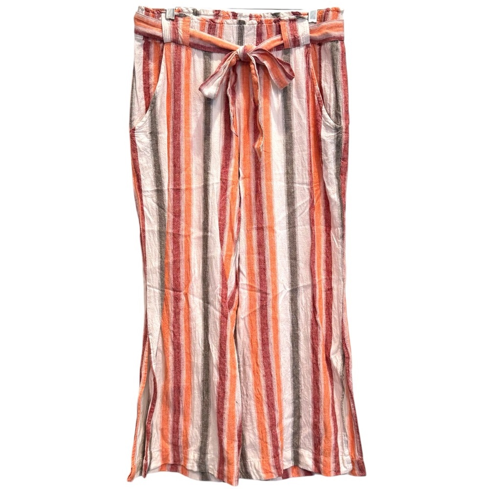 INDIGO REIN Size L Striped Wide Leg Linen Blend Side Slit Pants